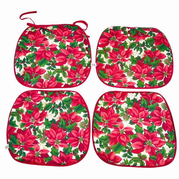 SET OF 4 CHRISTMAS HOLIDAY RED & GREEN POINSETTIA CHAIR CUSHIONS - Picture 2 of 5